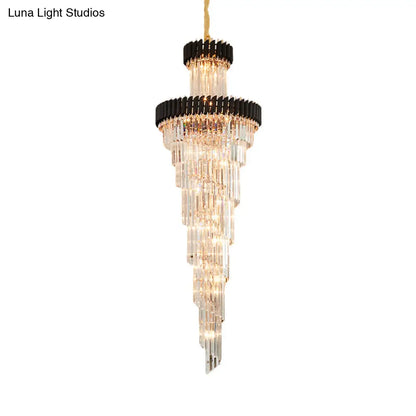 Lámpara de araña contemporánea de 14 luces con forma de espiral de cristal, negra/latón, perfecta para salones de banquetes.