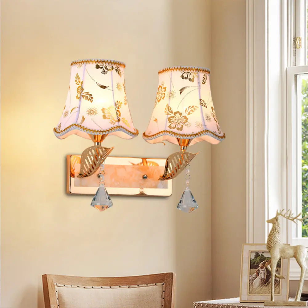 DecorBites™ DecorBites™ Contemporary 2-Head Wall Lamp in Gold Finish with Patterned Fabric Empire Shade