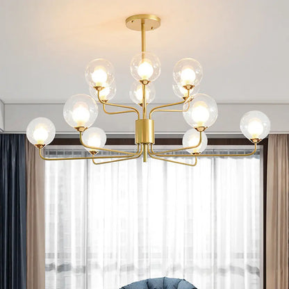 Lámpara de araña contemporánea de cristal transparente de dos niveles con diseño radial - 8/12/18 luces - Lámpara colgante negra/dorada