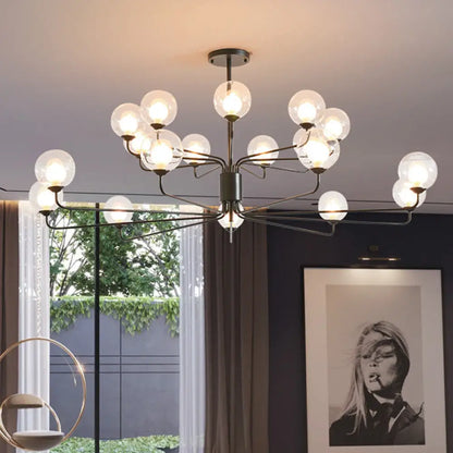 Lámpara de araña contemporánea de cristal transparente de dos niveles con diseño radial - 8/12/18 luces - Lámpara colgante negra/dorada