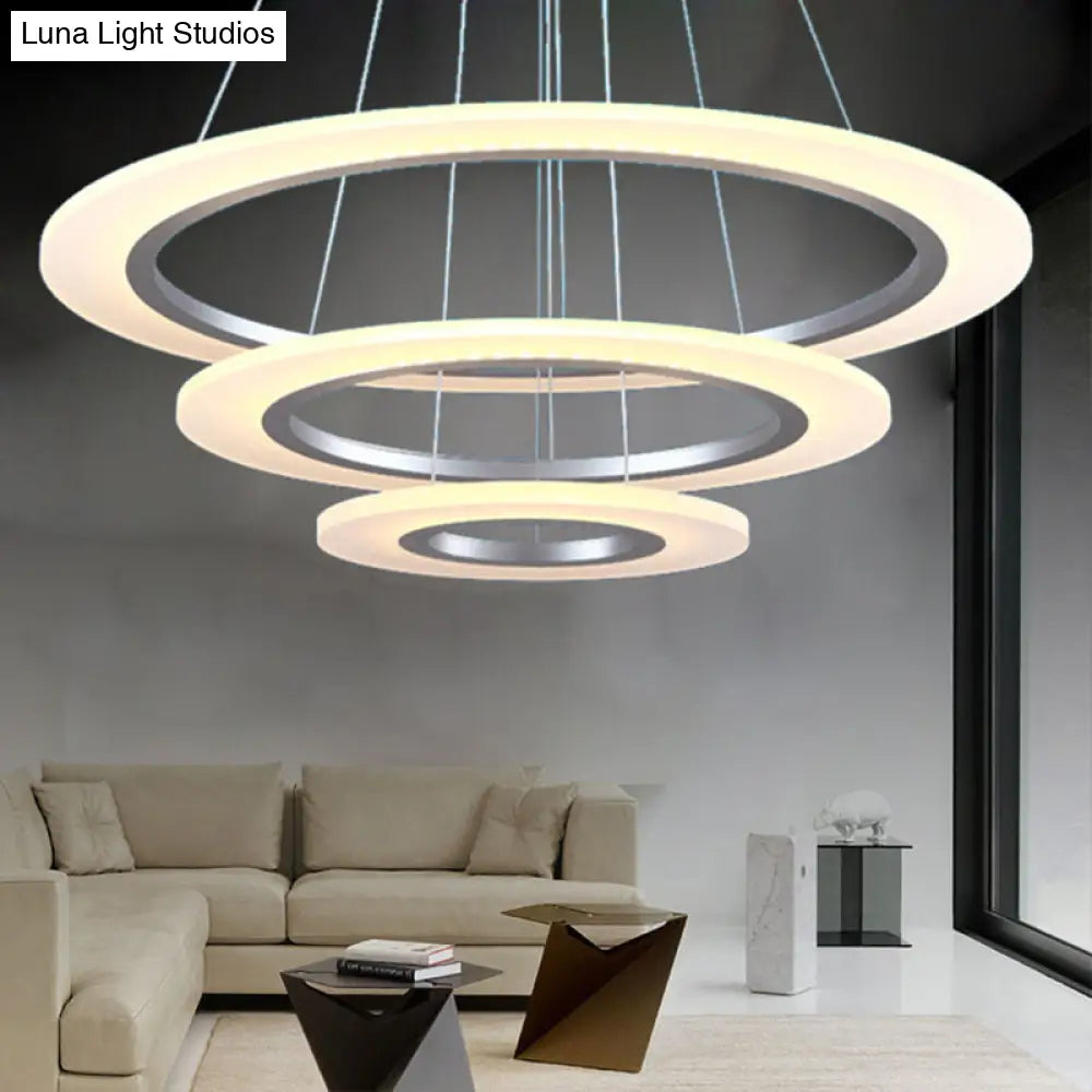 Contemporary 3-Layer Round LED Chandelier - Silver Acrylic Ceiling Pendant for Living Room