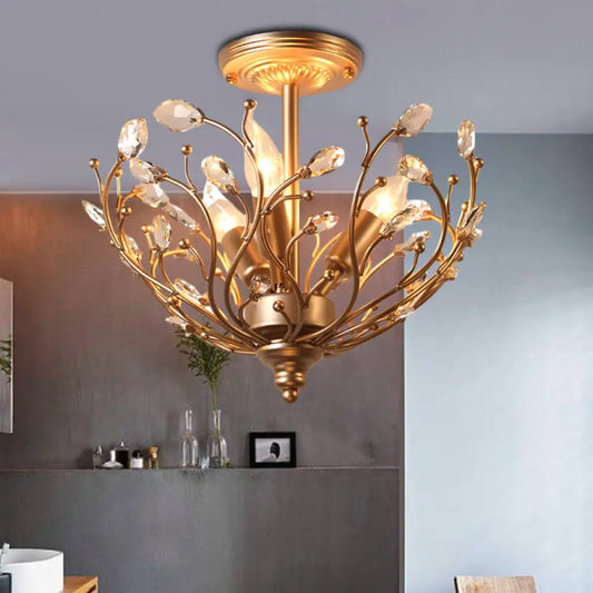 Lámpara de techo semiempotrada DecorBites™ contemporánea de 3 luces con forma de rama de metal dorado y hoja de cristal
