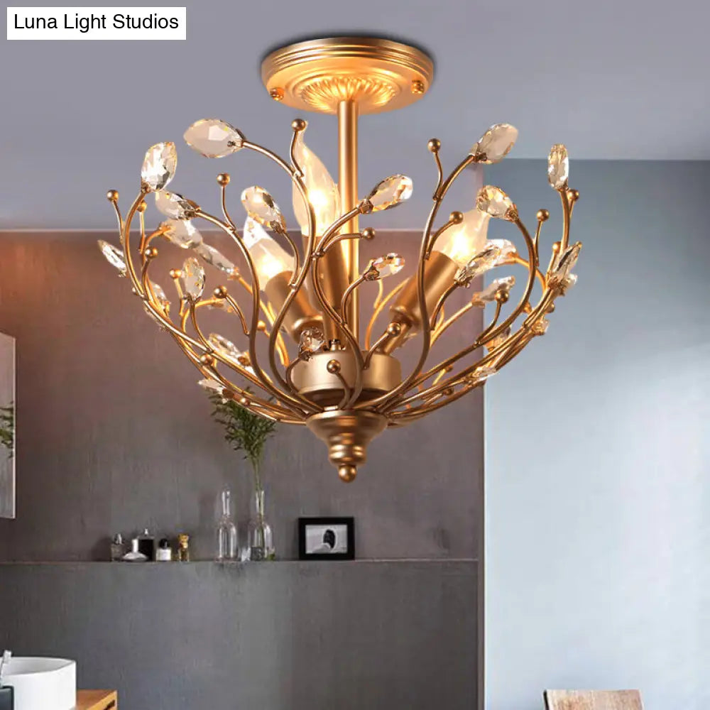 Lámpara de techo semiempotrada DecorBites™ contemporánea de 3 luces con forma de rama de metal dorado y hoja de cristal