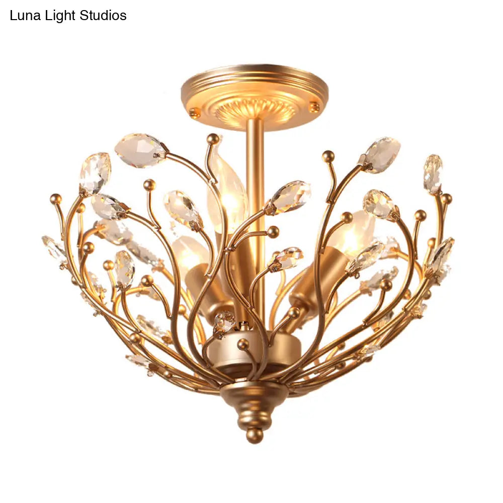 Lámpara de techo semiempotrada DecorBites™ contemporánea de 3 luces con forma de rama de metal dorado y hoja de cristal