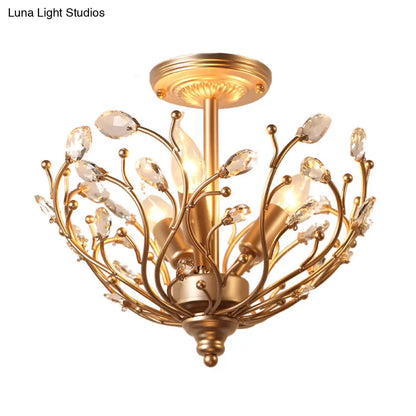 Lámpara de techo semiempotrada DecorBites™ contemporánea de 3 luces con forma de rama de metal dorado y hoja de cristal