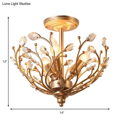 Lámpara de techo semiempotrada DecorBites™ contemporánea de 3 luces con forma de rama de metal dorado y hoja de cristal