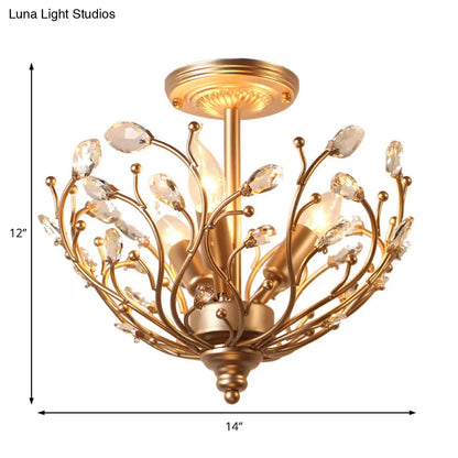 Lámpara de techo semiempotrada DecorBites™ contemporánea de 3 luces con forma de rama de metal dorado y hoja de cristal