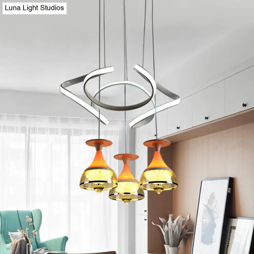 Contemporary 3-Light Wine Cup Pendant Cluster with White Waving Design - Acrylic Shade Included