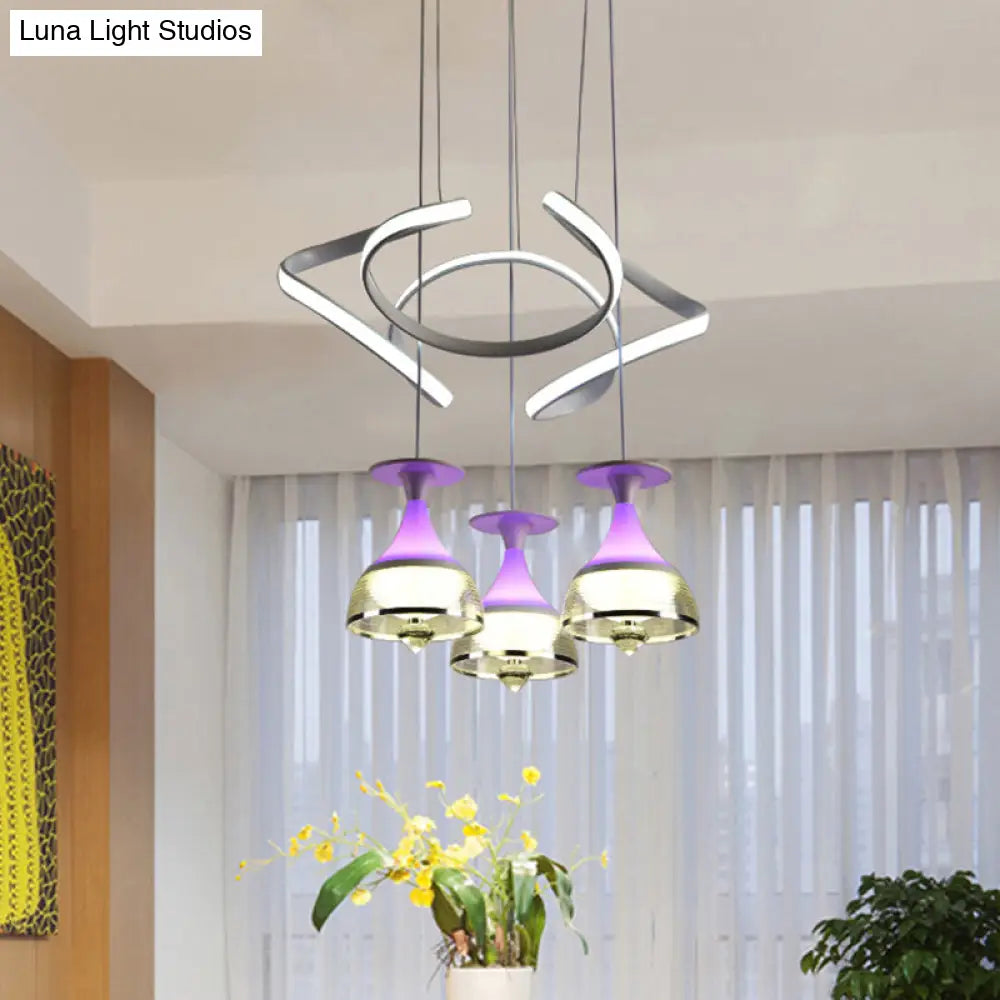 Contemporary 3-Light Wine Cup Pendant Cluster with White Waving Design - Acrylic Shade Included