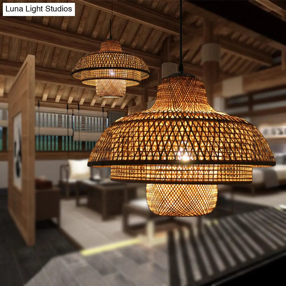 Contemporary 3-Tier Wood Hanging Lamp with Bamboo Pendant Light for Restaurants