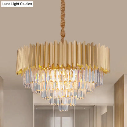 Contemporary 4/8 Bulb Crystal Rectangle Hanging Lamp in Gold – Taper Faceted Design, 16"/23.5" Width