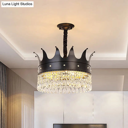 Lámpara de araña colgante contemporánea negra de 4 bombillas con gota de cristal - Iluminación de suspensión metálica en forma de corona