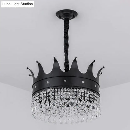 Lámpara de araña colgante contemporánea negra de 4 bombillas con gota de cristal - Iluminación de suspensión metálica en forma de corona