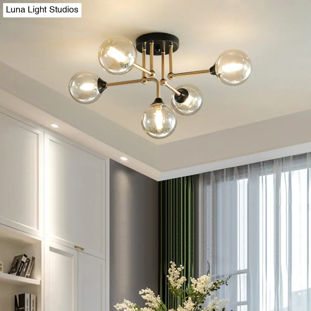 Contemporary 5-Light Semi Flush Gold/Black Sphere Ceiling Lamp with Clear Glass Shade