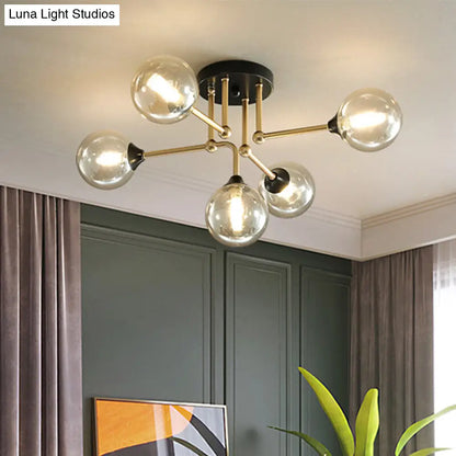 Contemporary 5-Light Semi Flush Gold/Black Sphere Ceiling Lamp with Clear Glass Shade