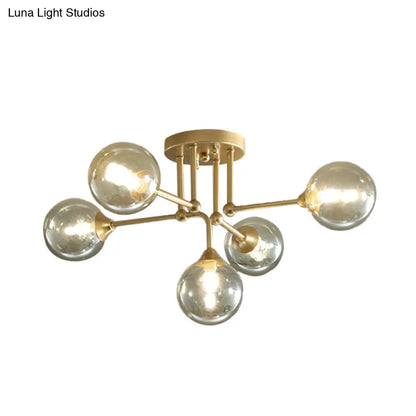 Contemporary 5-Light Semi Flush Gold/Black Sphere Ceiling Lamp with Clear Glass Shade