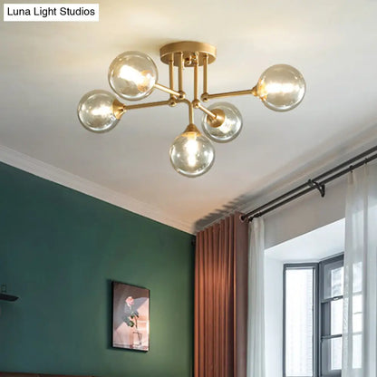 Contemporary 5-Light Semi Flush Gold/Black Sphere Ceiling Lamp with Clear Glass Shade