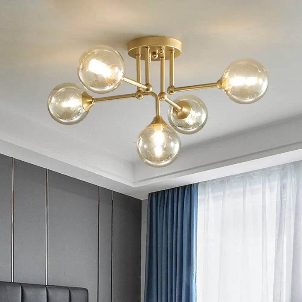 Contemporary 5-Light Semi Flush Gold/Black Sphere Ceiling Lamp with Clear Glass Shade