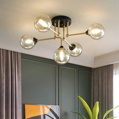 Contemporary 5-Light Semi Flush Gold/Black Sphere Ceiling Lamp with Clear Glass Shade