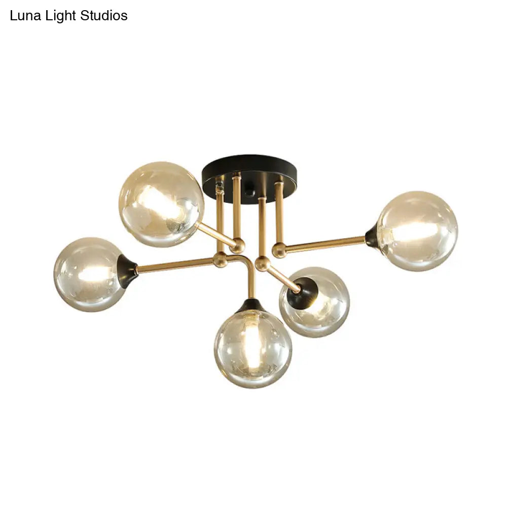 Contemporary 5-Light Semi Flush Gold/Black Sphere Ceiling Lamp with Clear Glass Shade