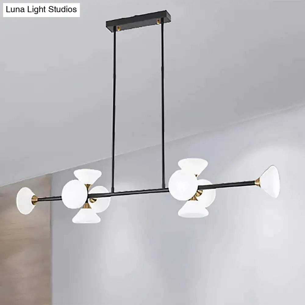 Lámpara colgante de isla DecorBites™ contemporánea de 6/10 luces LED con pantallas de cristal blanco - Luminaria de techo lineal negra