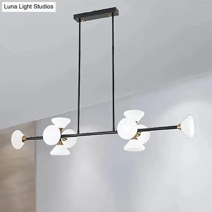 Lámpara colgante de isla DecorBites™ contemporánea de 6/10 luces LED con pantallas de cristal blanco - Luminaria de techo lineal negra