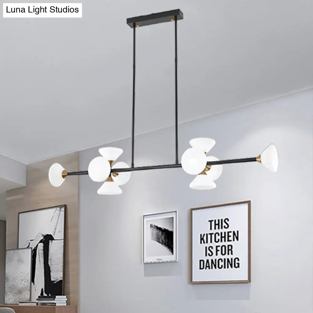 Lámpara colgante de isla DecorBites™ contemporánea de 6/10 luces LED con pantallas de cristal blanco - Luminaria de techo lineal negra