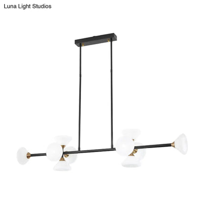 Lámpara colgante de isla DecorBites™ contemporánea de 6/10 luces LED con pantallas de cristal blanco - Luminaria de techo lineal negra