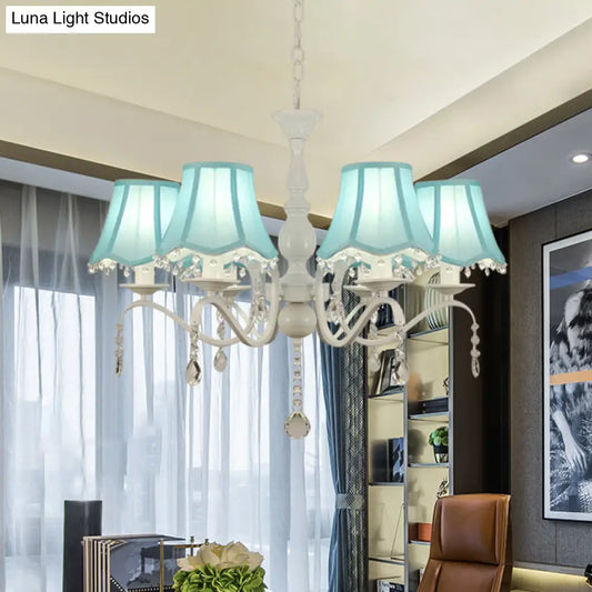 Lámpara de araña colgante contemporánea de tela festoneada rosa/azul de 6 luces con gota de cristal