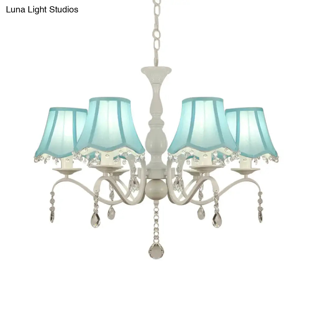 Lámpara de araña colgante contemporánea de tela festoneada rosa/azul de 6 luces con gota de cristal