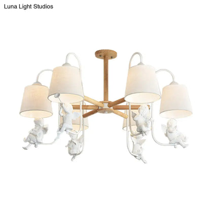 Contemporary 6-Light White Barrel Chandelier with Angel Fabric Suspension