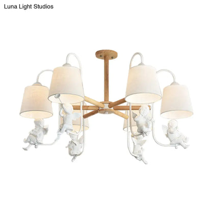 Contemporary 6-Light White Barrel Chandelier with Angel Fabric Suspension