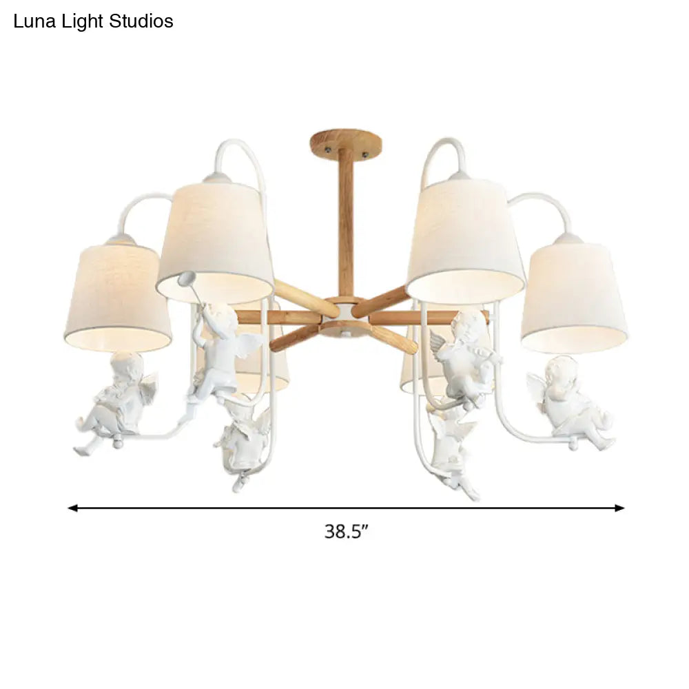 Contemporary 6-Light White Barrel Chandelier with Angel Fabric Suspension