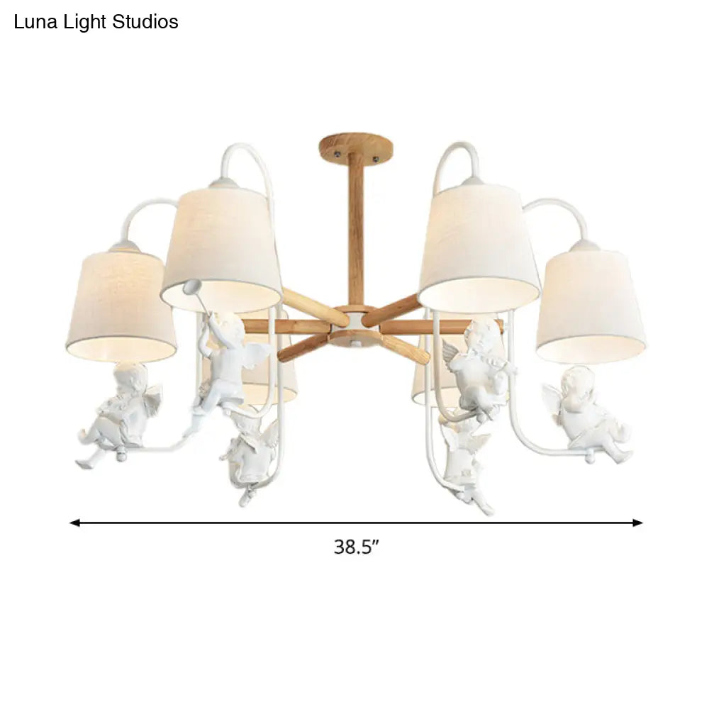 Contemporary 6-Light White Barrel Chandelier with Angel Fabric Suspension