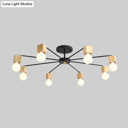 DecorBites™ DecorBites™ Contemporary 8-Light Metal Flush Lamp with Cube Wood Cap in Black