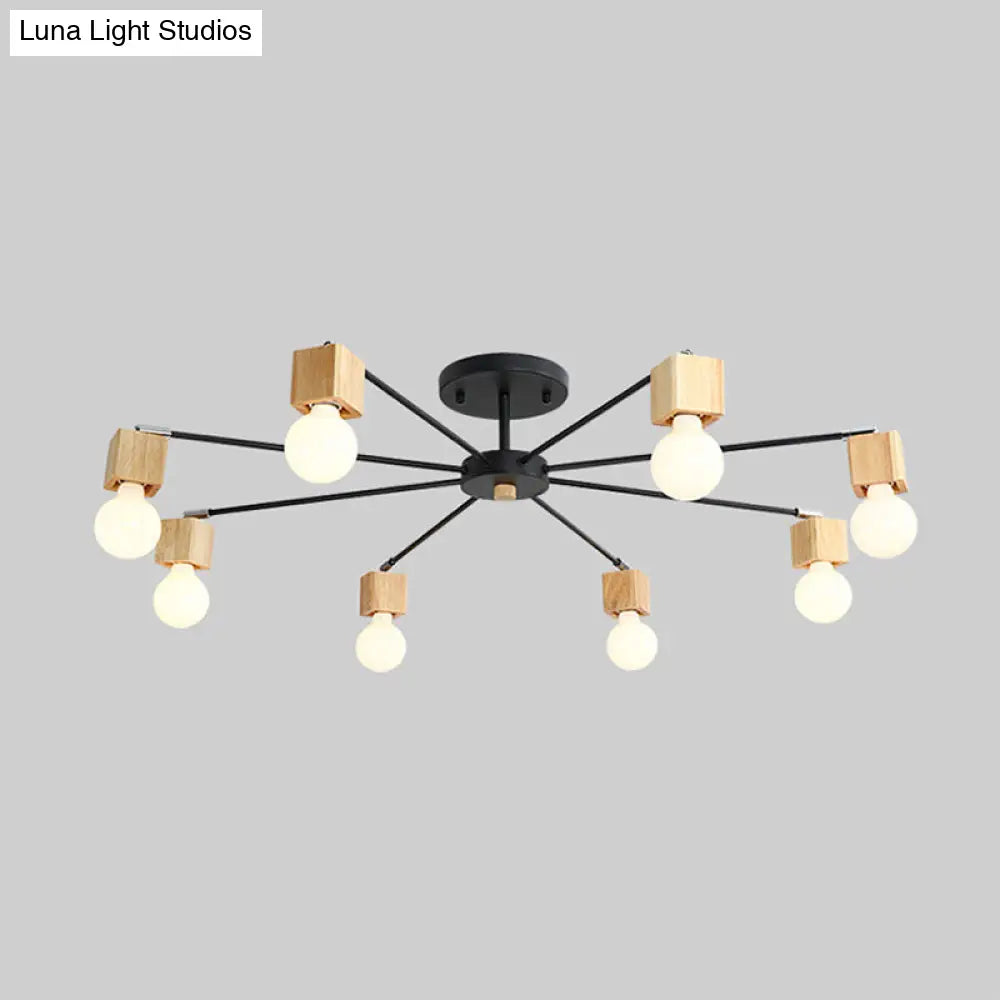 DecorBites™ DecorBites™ Contemporary 8-Light Metal Flush Lamp with Cube Wood Cap in Black