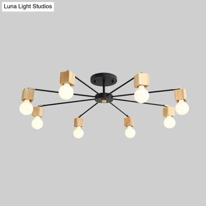 DecorBites™ DecorBites™ Contemporary 8-Light Metal Flush Lamp with Cube Wood Cap in Black