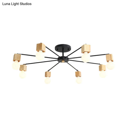 DecorBites™ DecorBites™ Contemporary 8-Light Metal Flush Lamp with Cube Wood Cap in Black