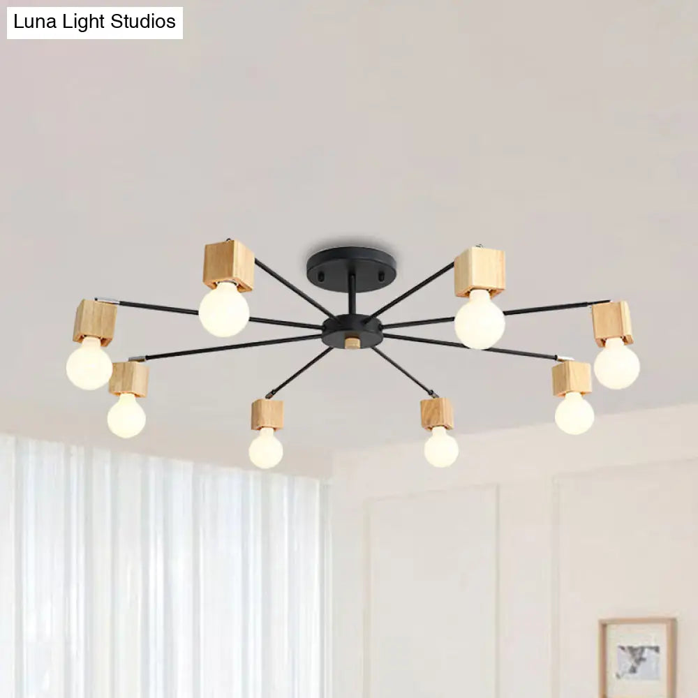 DecorBites™ DecorBites™ Contemporary 8-Light Metal Flush Lamp with Cube Wood Cap in Black