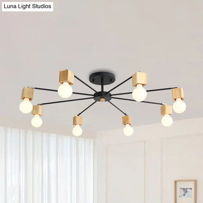 DecorBites™ DecorBites™ Contemporary 8-Light Metal Flush Lamp with Cube Wood Cap in Black