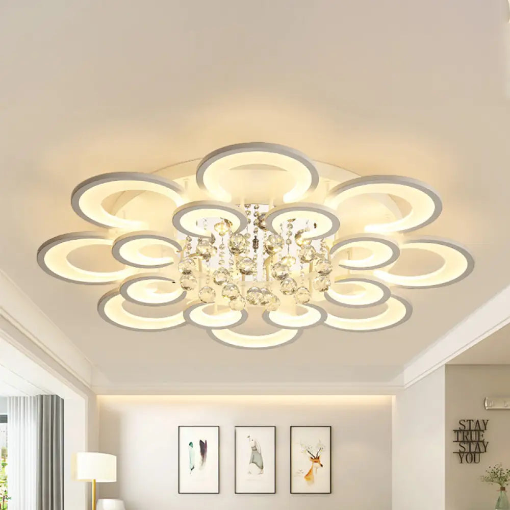 Lámpara de techo empotrada contemporánea DecorBites™ de acrílico con colgante de cristal - Diseño circular multicapa (10/12/16 luces, blanca)