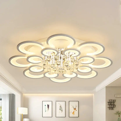 Lámpara de techo empotrada contemporánea DecorBites™ de acrílico con colgante de cristal - Diseño circular multicapa (10/12/16 luces, blanca)