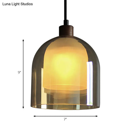 Contemporary Amber Glass Bell Pendant Light with Bronze Ceiling Lamp – Inner Glass Shade