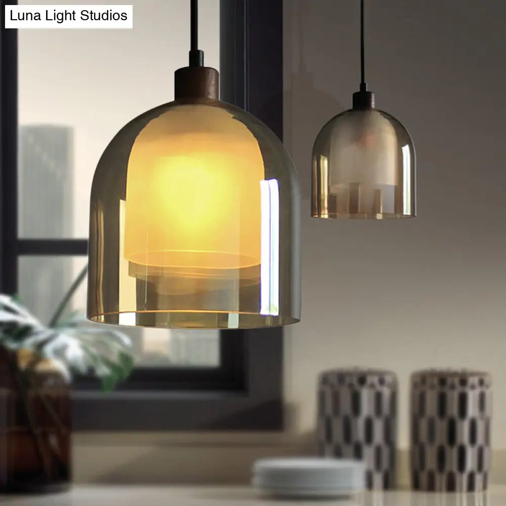 Contemporary Amber Glass Bell Pendant Light with Bronze Ceiling Lamp – Inner Glass Shade