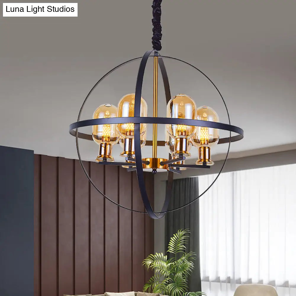 Lámpara de techo colgante contemporánea DecorBites™ de cristal ámbar con diseño de marco esférico - Lámpara de suspensión de 4/6 luces en negro y dorado.