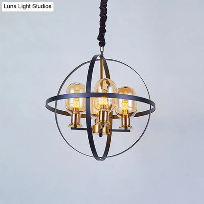 Lámpara de techo colgante contemporánea DecorBites™ de cristal ámbar con diseño de marco esférico - Lámpara de suspensión de 4/6 luces en negro y dorado.