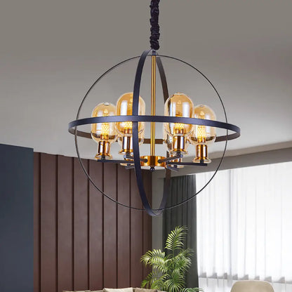 Lámpara de techo colgante contemporánea DecorBites™ de cristal ámbar con diseño de marco esférico - Lámpara de suspensión de 4/6 luces en negro y dorado.
