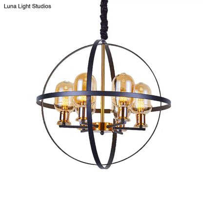 Lámpara de techo colgante contemporánea DecorBites™ de cristal ámbar con diseño de marco esférico - Lámpara de suspensión de 4/6 luces en negro y dorado.