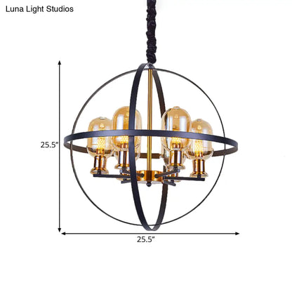 Lámpara de techo colgante contemporánea DecorBites™ de cristal ámbar con diseño de marco esférico - Lámpara de suspensión de 4/6 luces en negro y dorado.