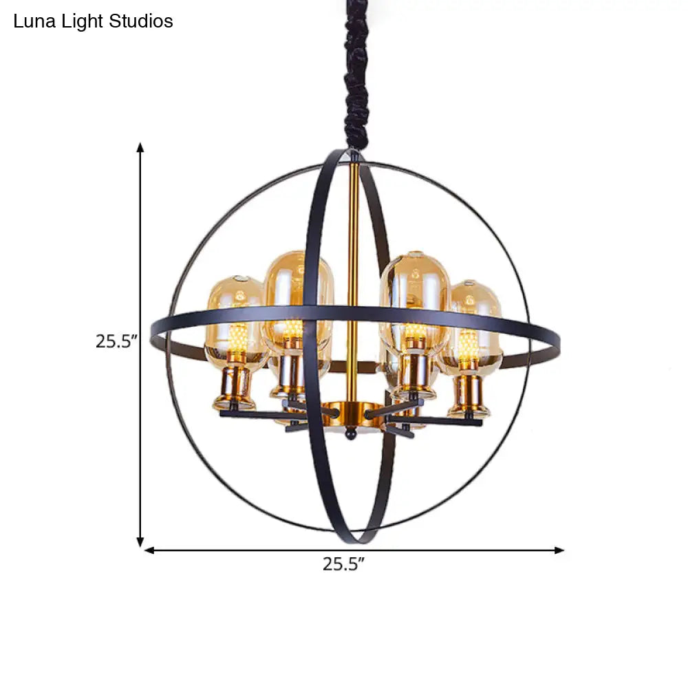 Lámpara de techo colgante contemporánea DecorBites™ de cristal ámbar con diseño de marco esférico - Lámpara de suspensión de 4/6 luces en negro y dorado.